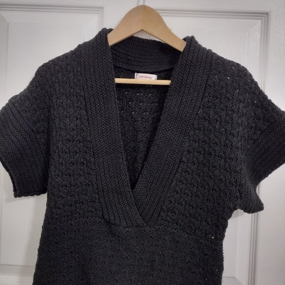 Orsay Black Knit Sweater Top Large V-Neck Short Sleeve Textured Soft Cozy - Picture 6 of 9